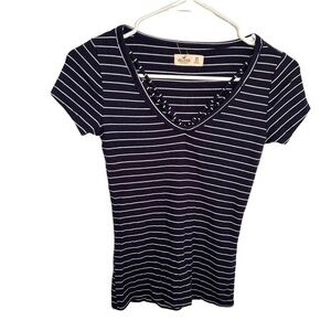 Hollister V-Neck T-Shirt Ribbed Navy White Stripes
